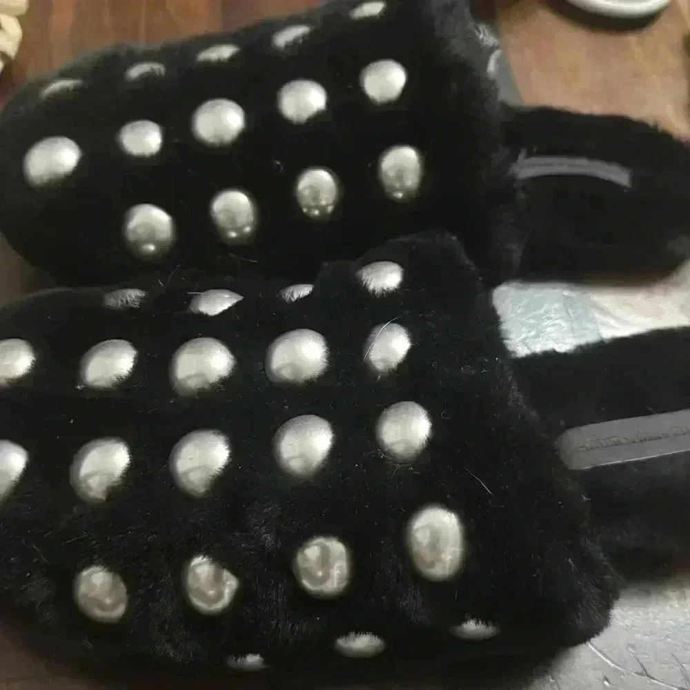 Amelia Studded Fur Slip on's In Black - Picture 3 of 5